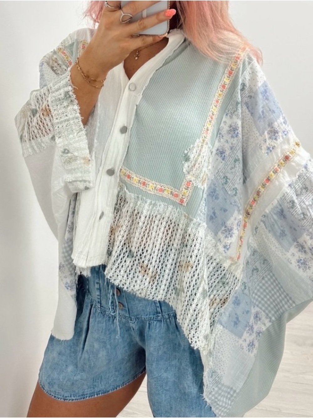 POL Light Blue & White Patchwork Button-Front Shirt - Picture 2 of 2